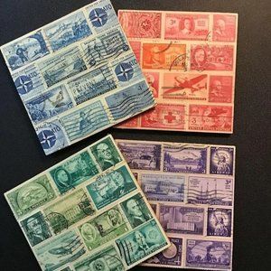 4 Coaster Set - Recycled Postage Stamps, Color Mix